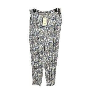 Mango White Paisley Track Pants with Blue and Green Accents